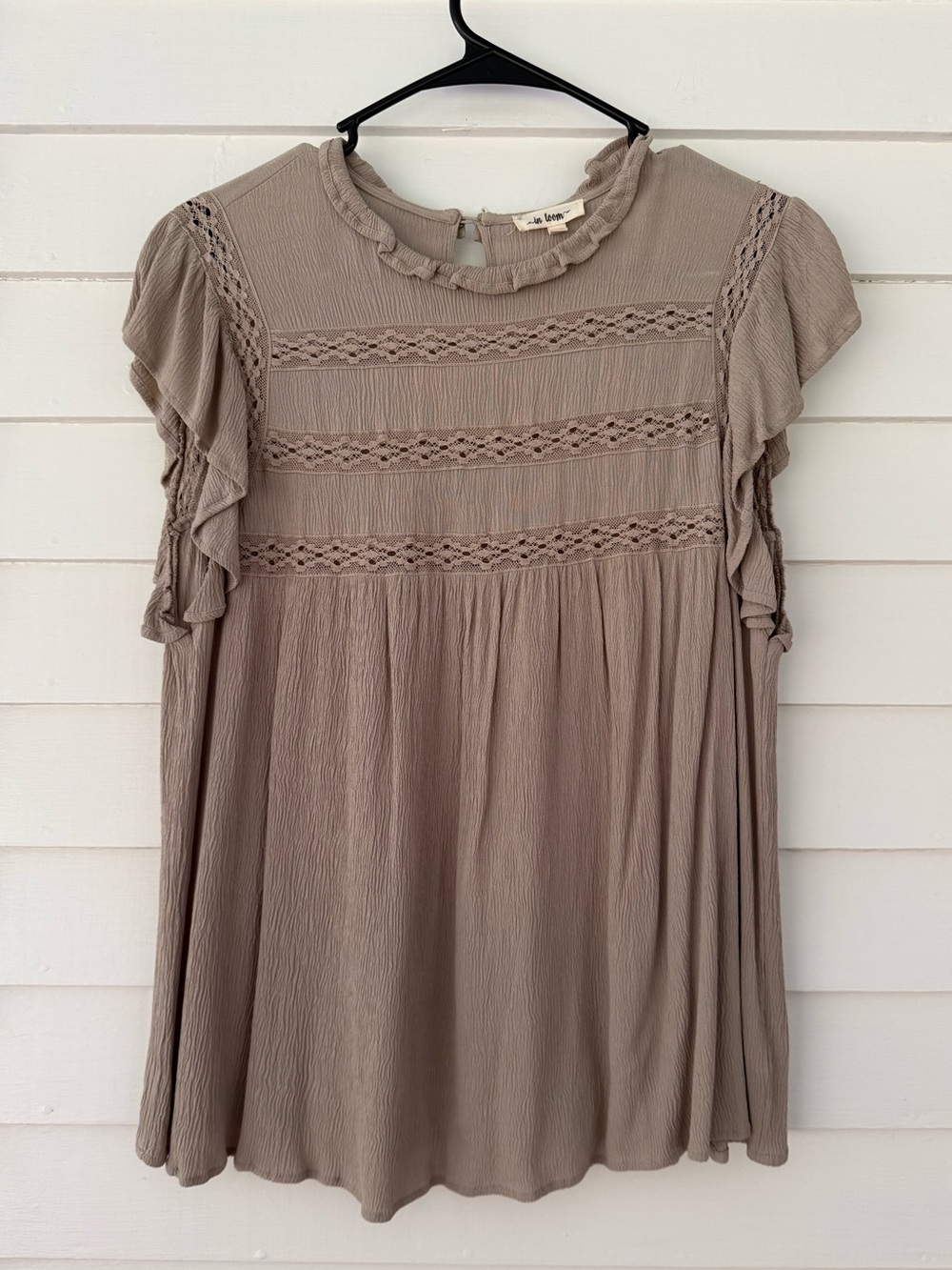 In Loom | Beige Boho Babydoll Top Women’s Large Ruffle Sleeve Lace Trim